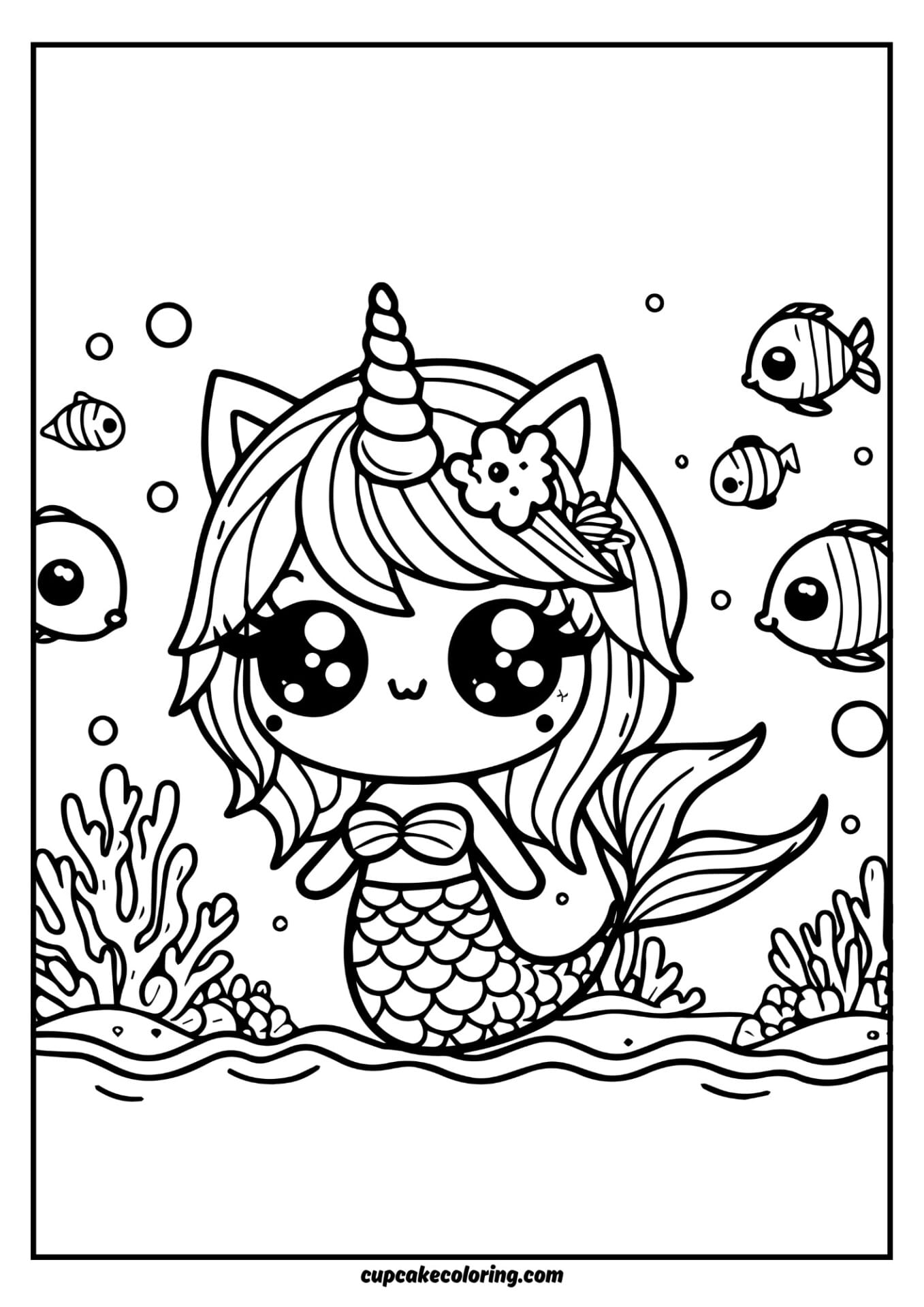 cat unicorn mermaid image to color in for little kids of age 7