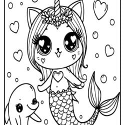 cat unicorn mermaid image to color in the see