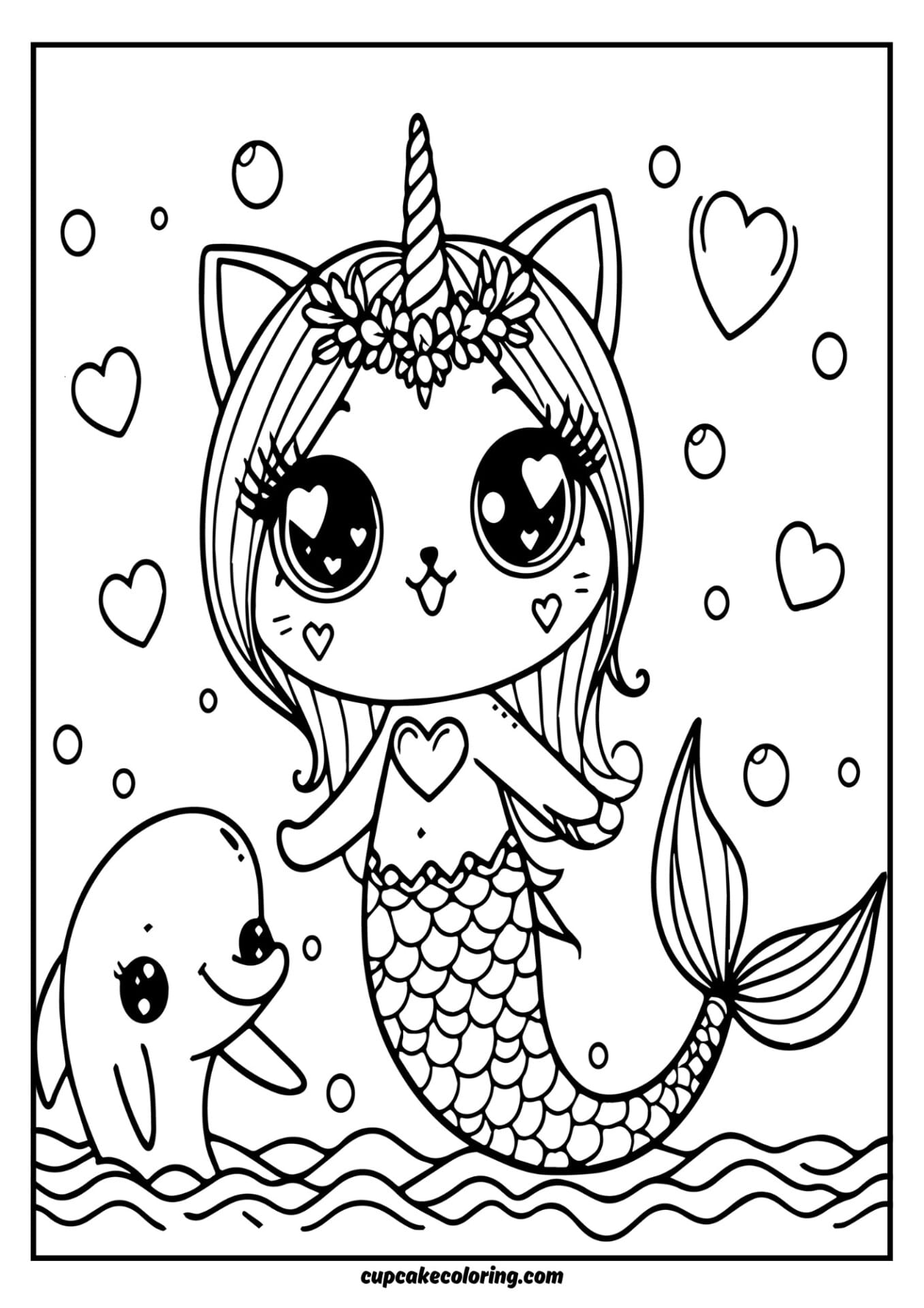 cat unicorn mermaid image to color in the see
