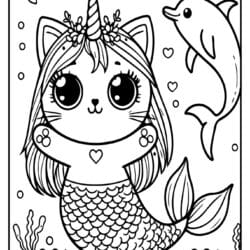 cat unicorn mermaid image to color in with long hair