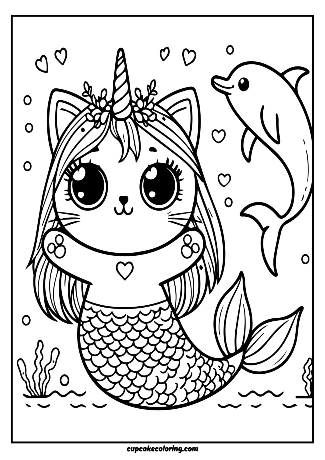 cat unicorn mermaid image to color in with long hair