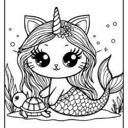 cat unicorn mermaid picture to color in under the see