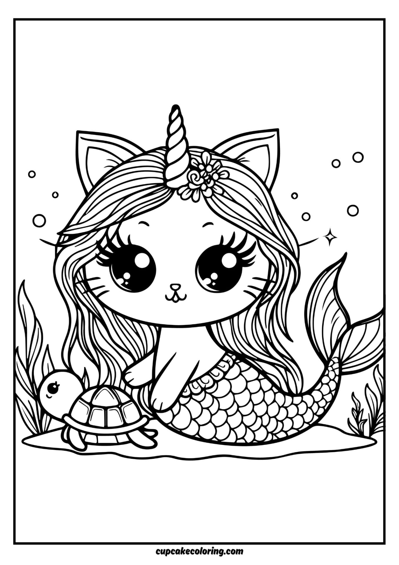 cat unicorn mermaid picture to color in under the see