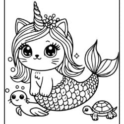 cat unicorn mermaid picture to color in with a turtle friend