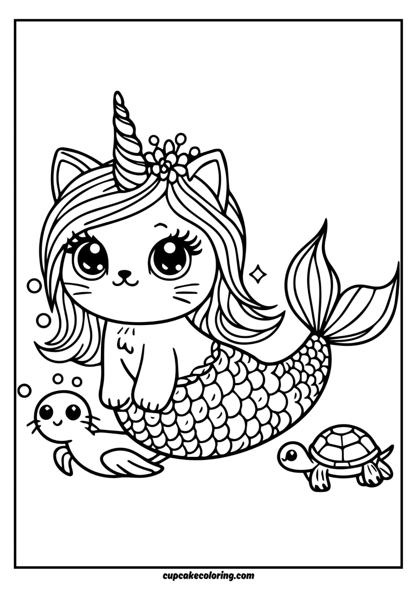 cat unicorn mermaid picture to color in with a turtle friend