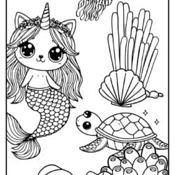 cat unicorn mermaid picture to color in with long hair