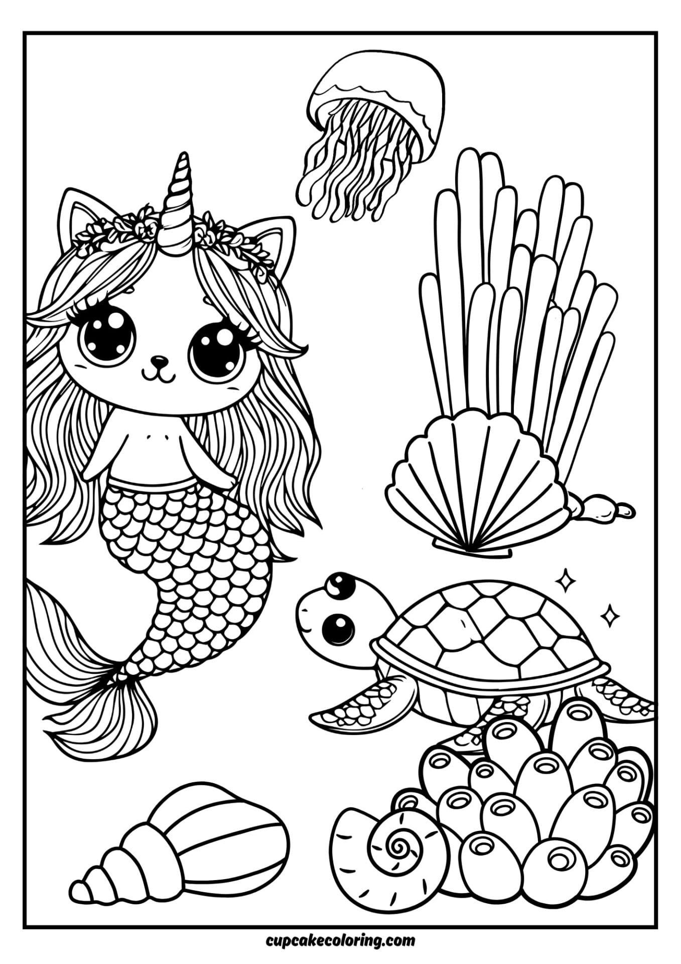 cat unicorn mermaid picture to color in with long hair