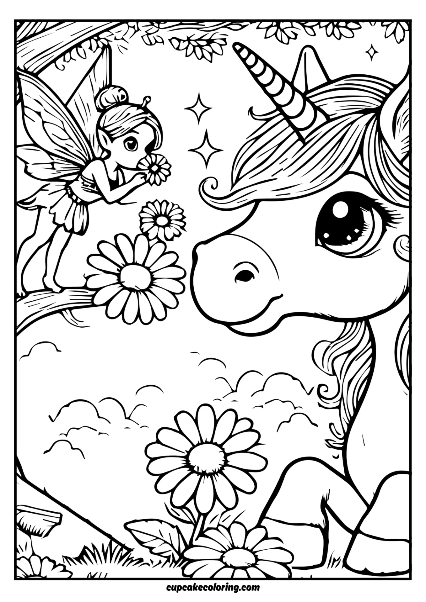 coloring page fairy unicorns magic forest