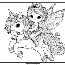 coloring page of a an fairy with wings riding adult unicorn