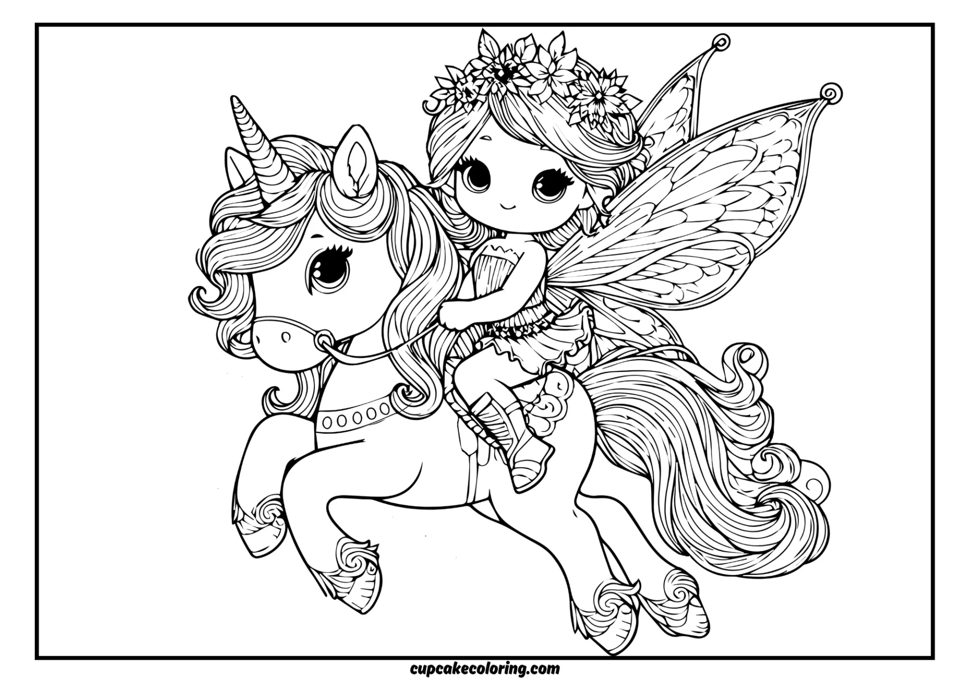 coloring page of a an fairy with wings riding adult unicorn