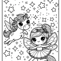 coloring page of a an little angel fairy with wings flying toghether with an unicorn