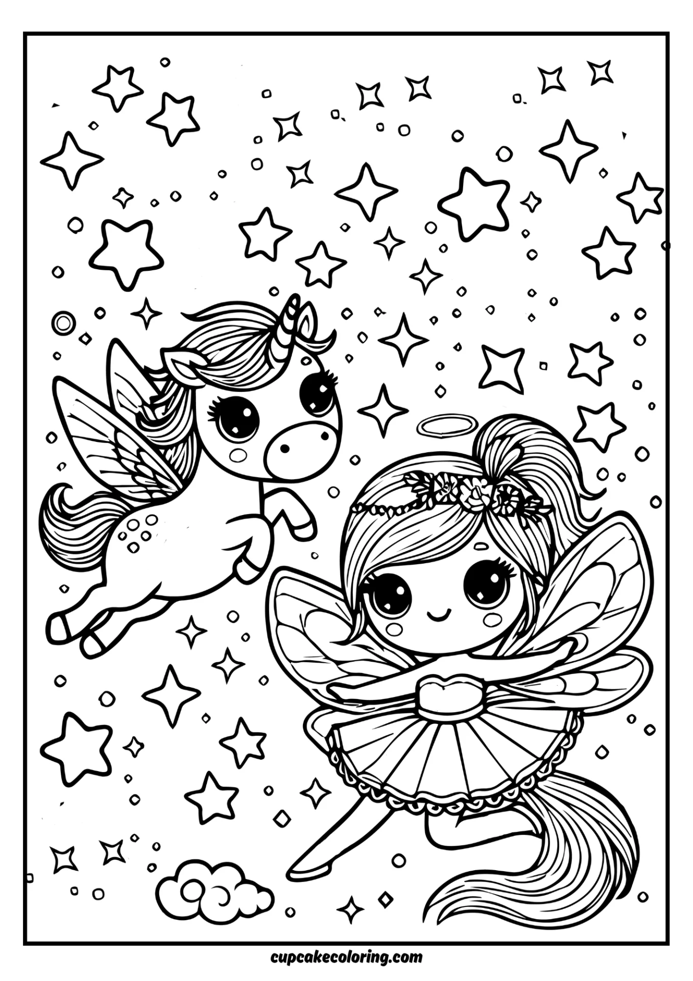 coloring page of a an little angel fairy with wings flying toghether with an unicorn