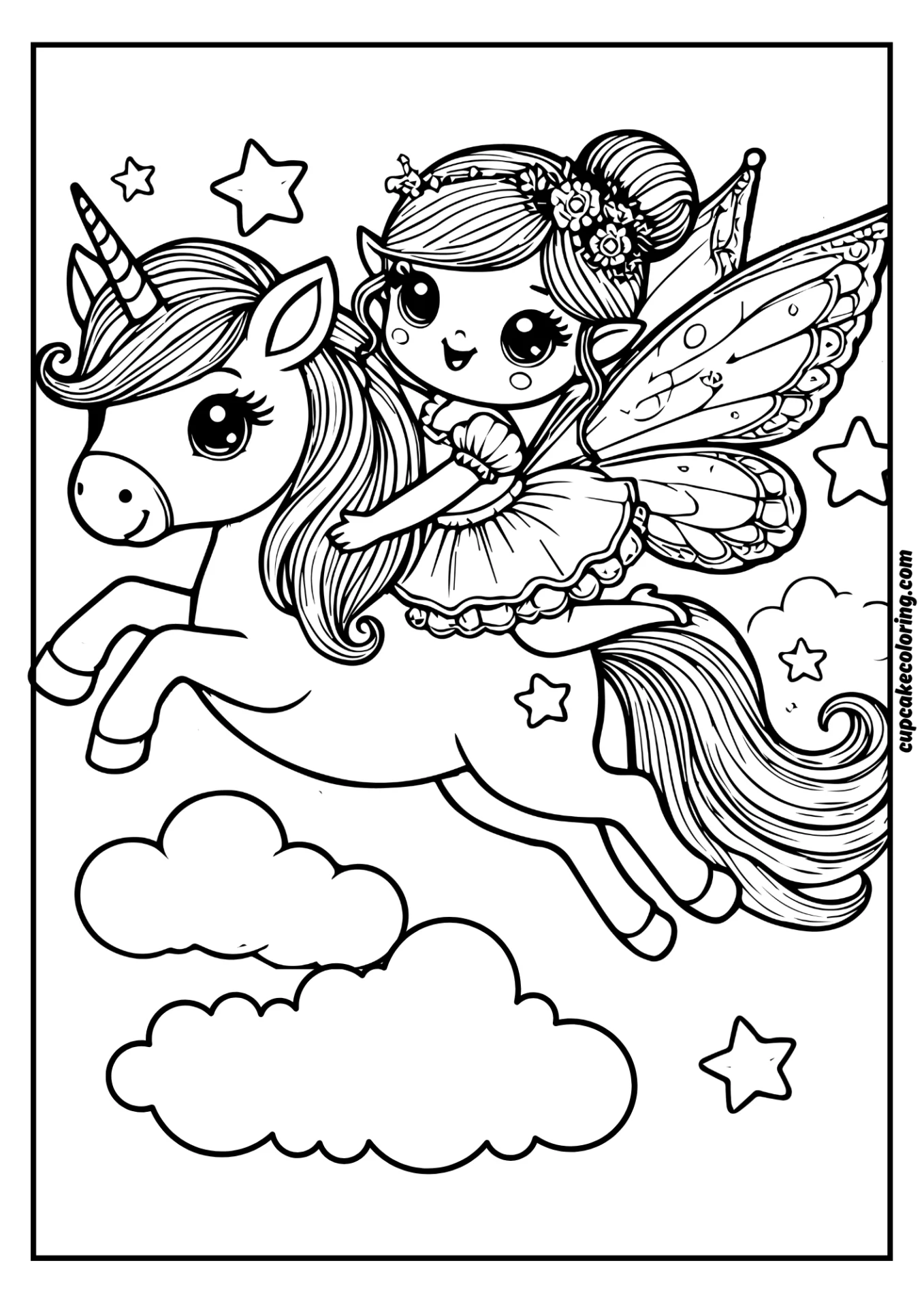 coloring page of a an little fairy with wings flying toghether with an unicorn