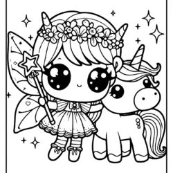 coloring page of a an little kawaii fairy with a magic wand enchanting an unicorn