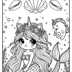 coloring page of a mermaid with a unicorn horn and cat ears, the drawing is in the center of the page and is not touching the border