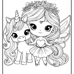 coloring page of beautifull fairie and unicorn