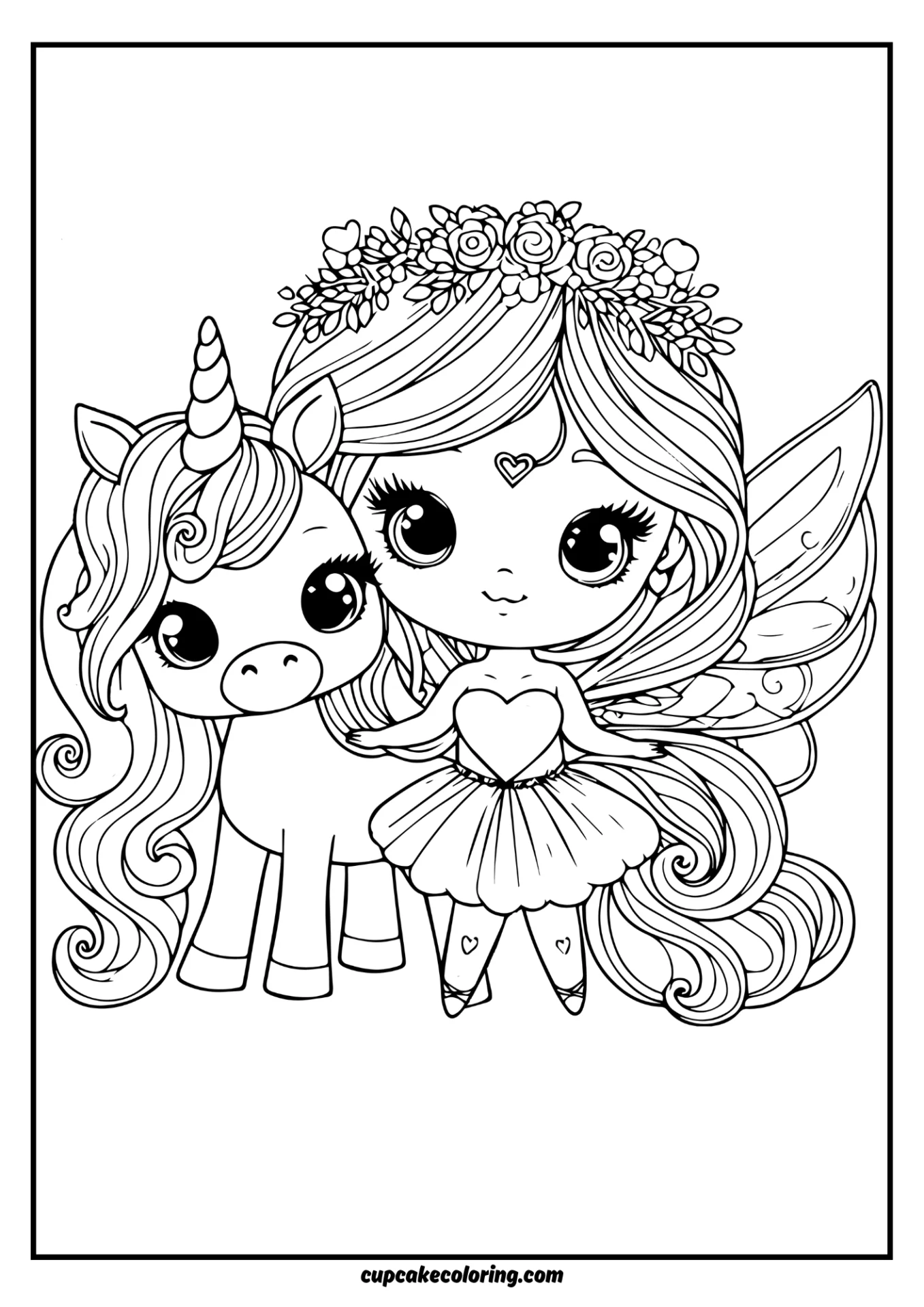 coloring page of beautifull fairie and unicorn