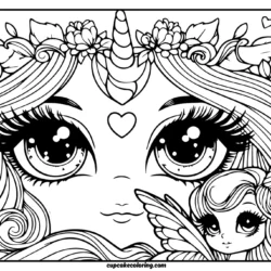 coloring page of beautifull fairies and unicorns for adults