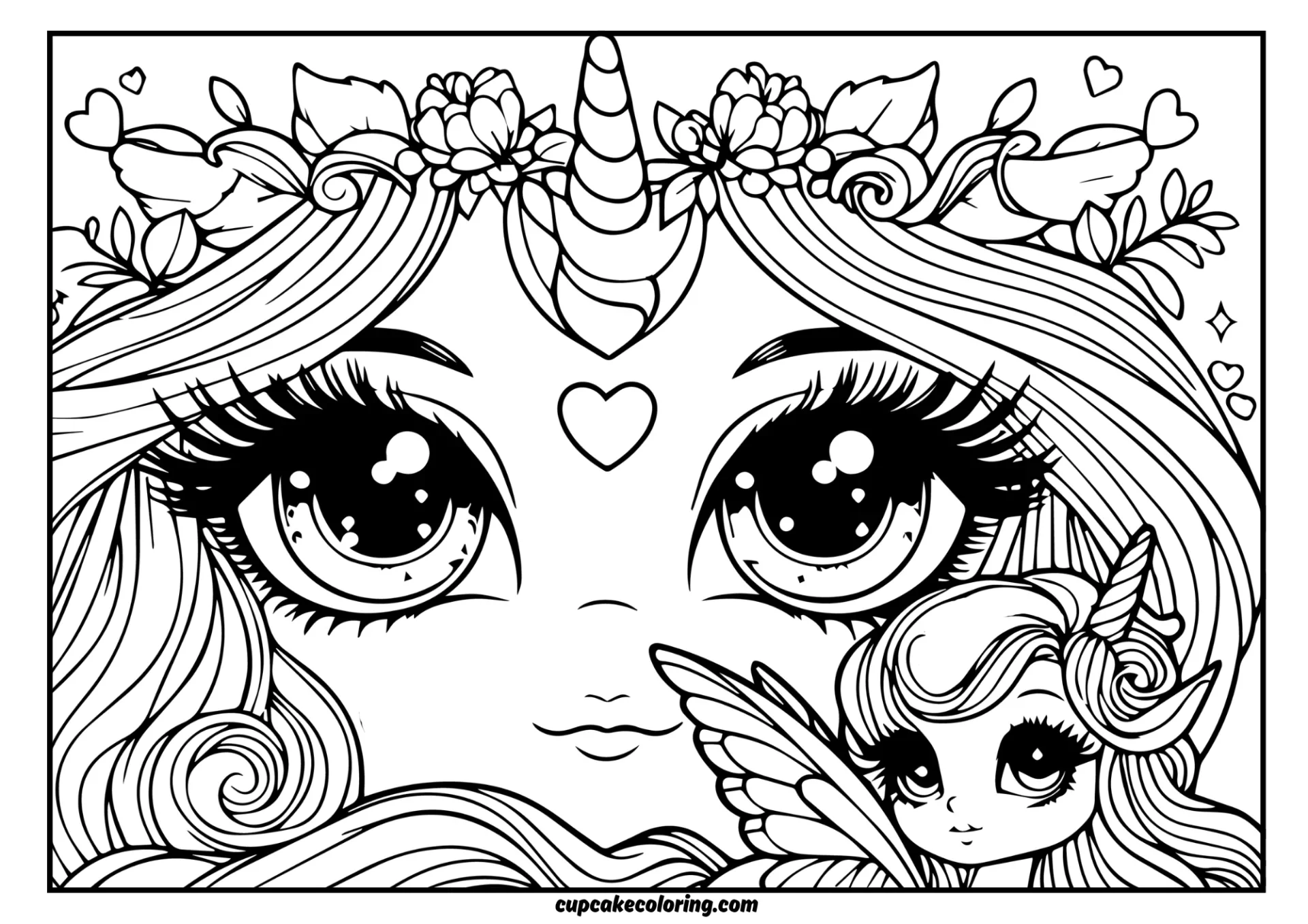coloring page of beautifull fairies and unicorns for adults