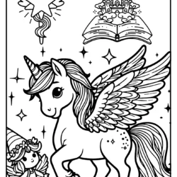 coloring page with thick lines of pegasus unicorn and small fairie next to him