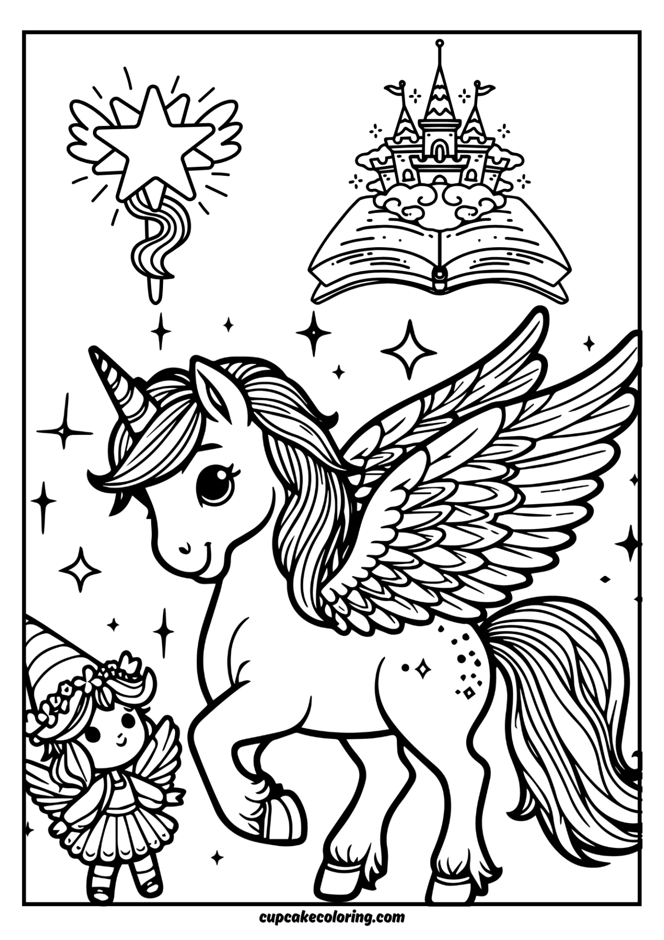 coloring page with thick lines of pegasus unicorn and small fairie next to him