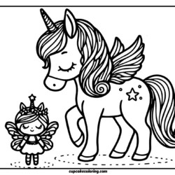 coloring pages of flying unicorns and fairies around him
