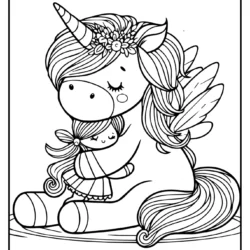coloring pic of a fairy and unicorn hugging each other