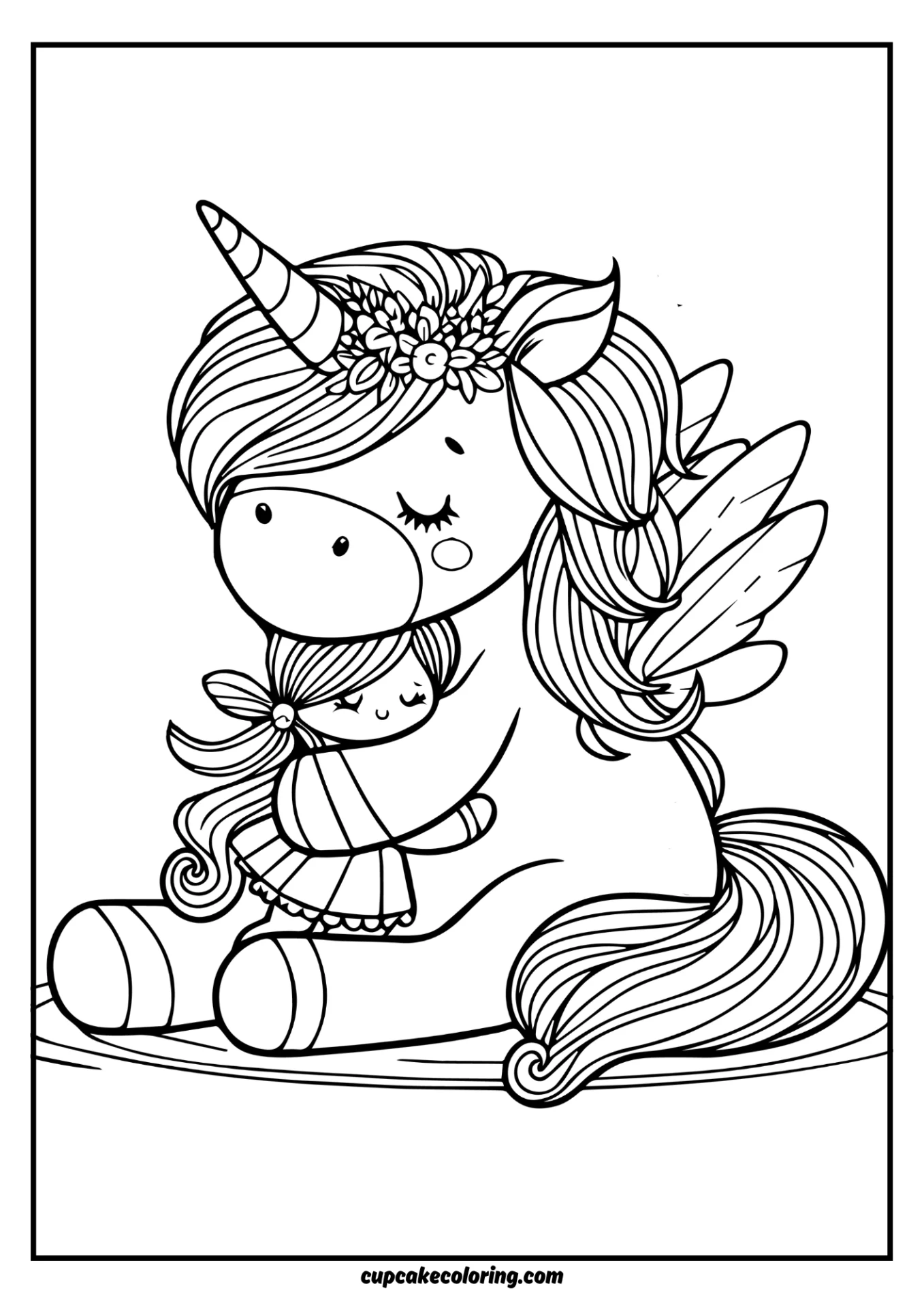 coloring pic of a fairy and unicorn hugging each other