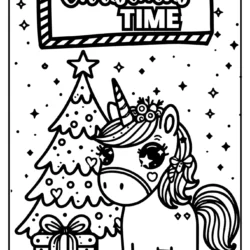 colouring sheets of unicorn christmas time incription and a tree and gift