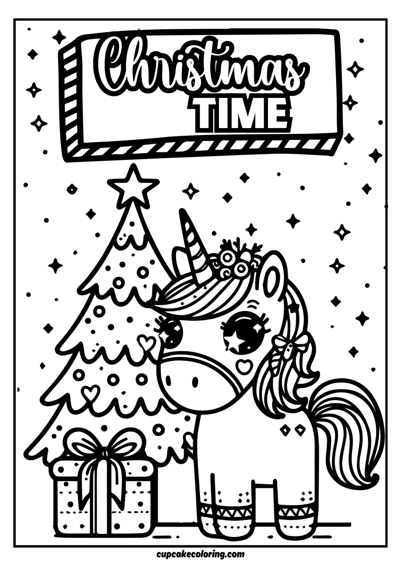 colouring sheets of unicorn christmas time incription and a tree and gift