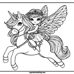 cute coloring page of a an fairy riding adult unicorn