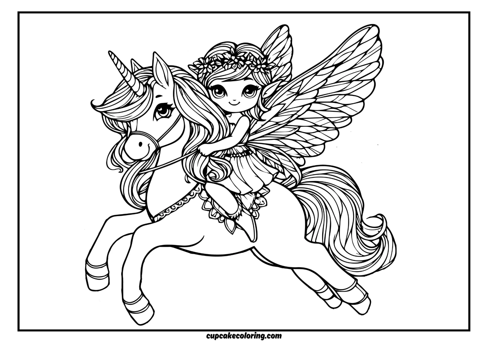 cute coloring page of a an fairy riding adult unicorn