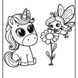 cute coloring page of a unicorn that is looking at a fairy with wings that is sniffing a flower