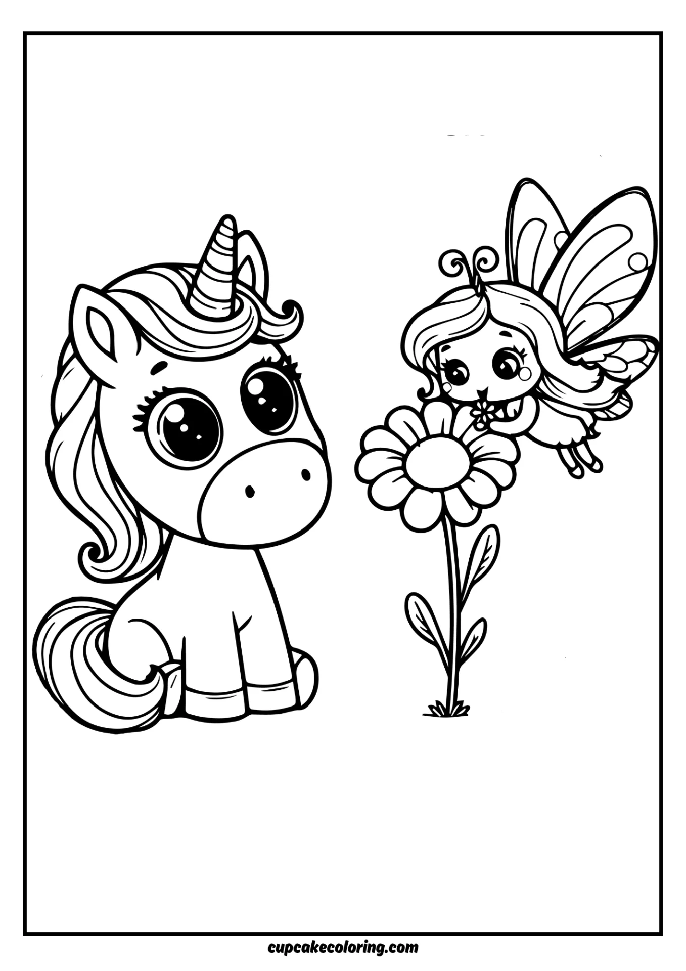 cute coloring page of a unicorn that is looking at a fairy with wings that is sniffing a flower