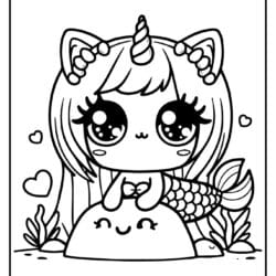 easy coloring page of funny unicor cat on a rock