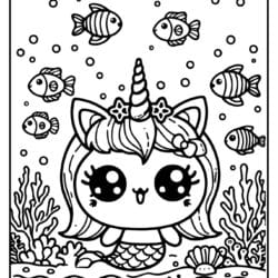 easy to color in picture of an cat unicorn mermaid in the see free printable