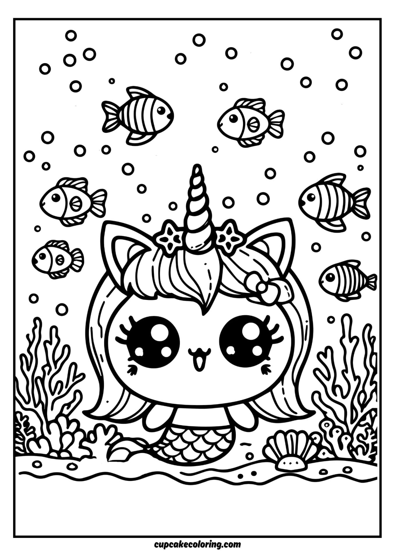 easy to color in picture of an cat unicorn mermaid in the see free printable