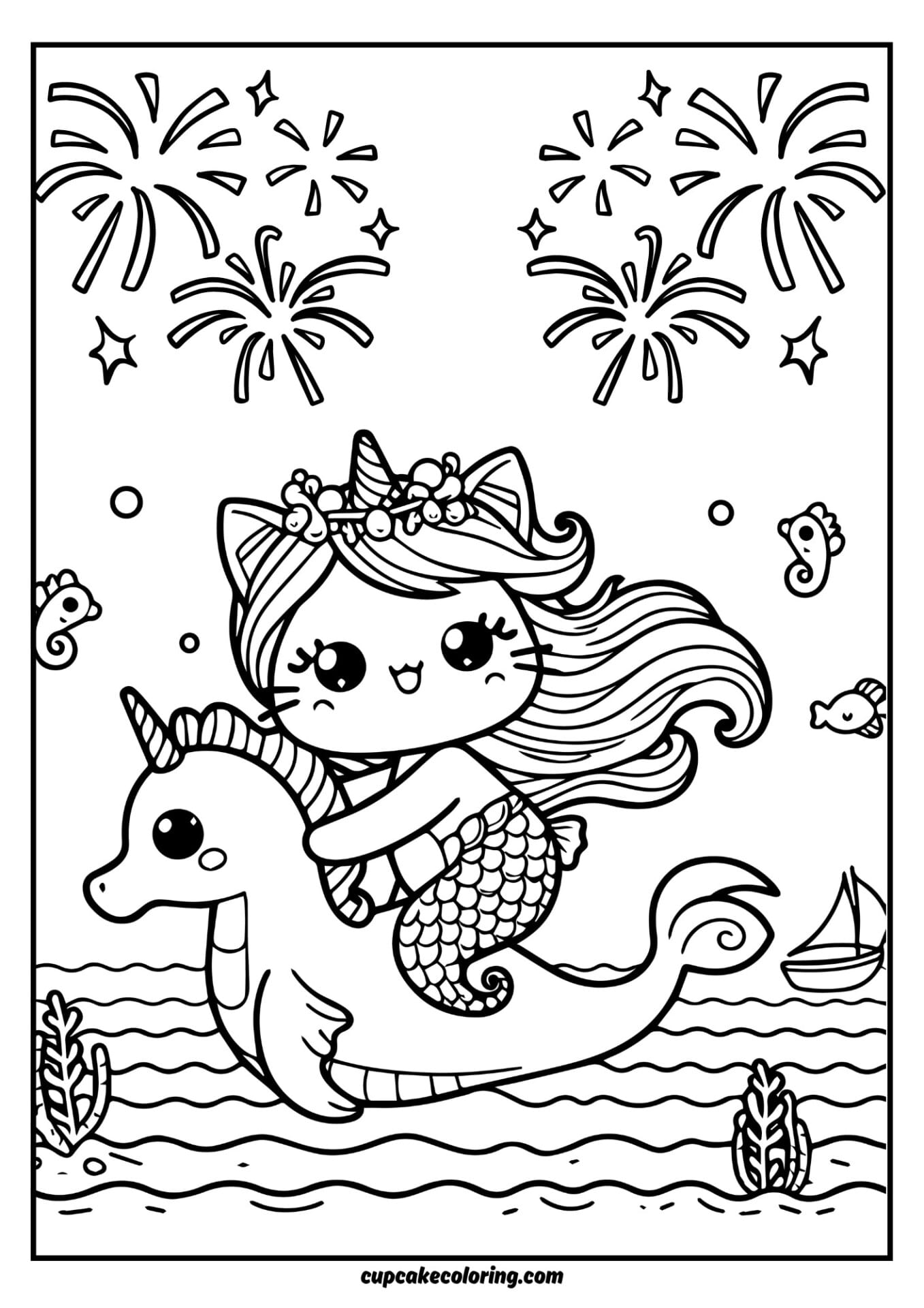 kawaii cat unicorn mermaid picture to color in riding a marine creature free printable