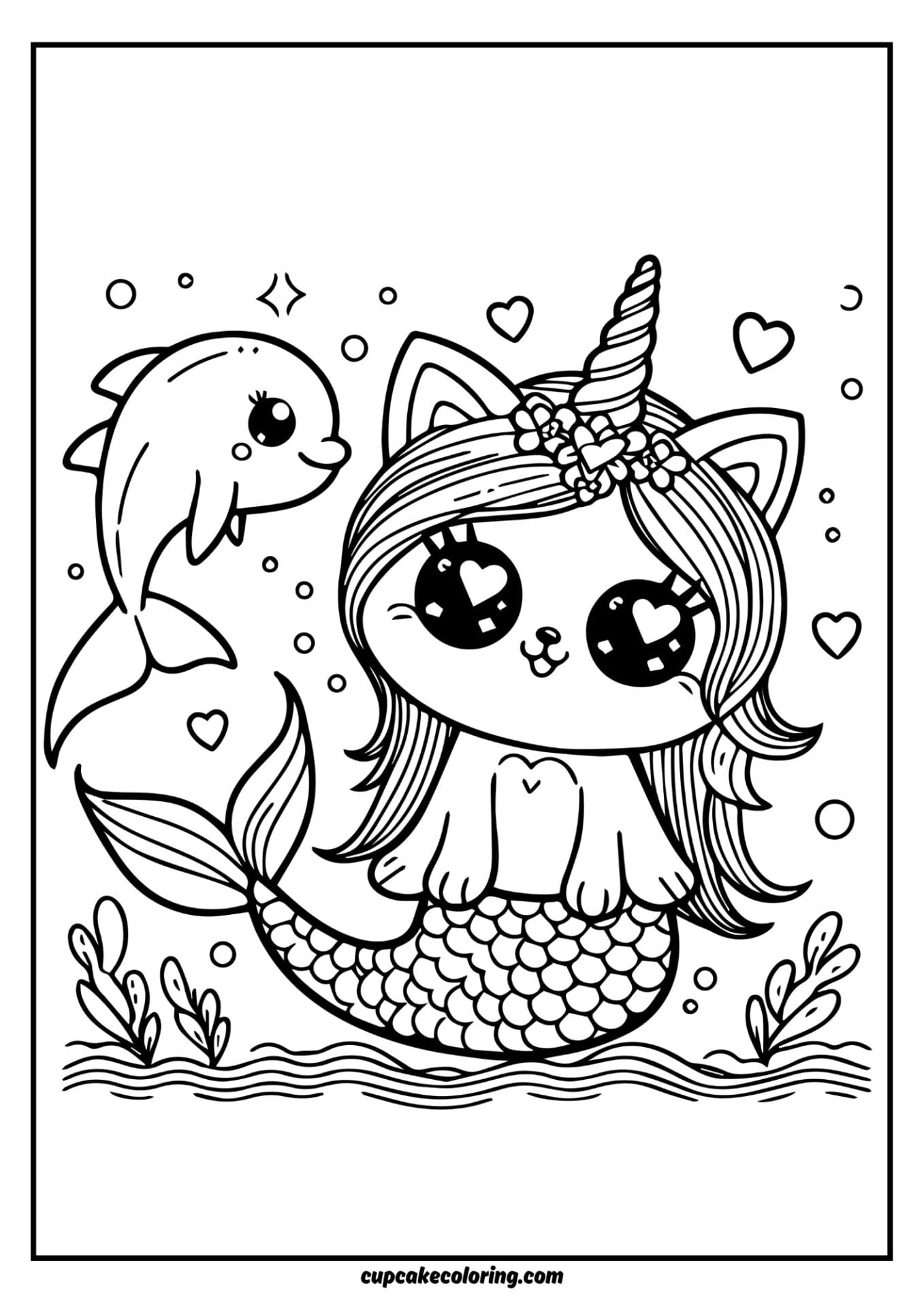 kitty cat unicorn mermaid coloring page with a dolphin free printable