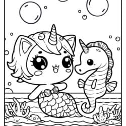 kwaii unicorn mermaid cat with seahorse