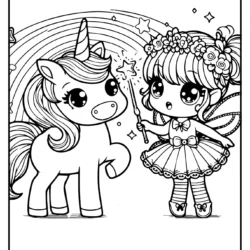 magical unicorn and fairy playing togheter coloring page free