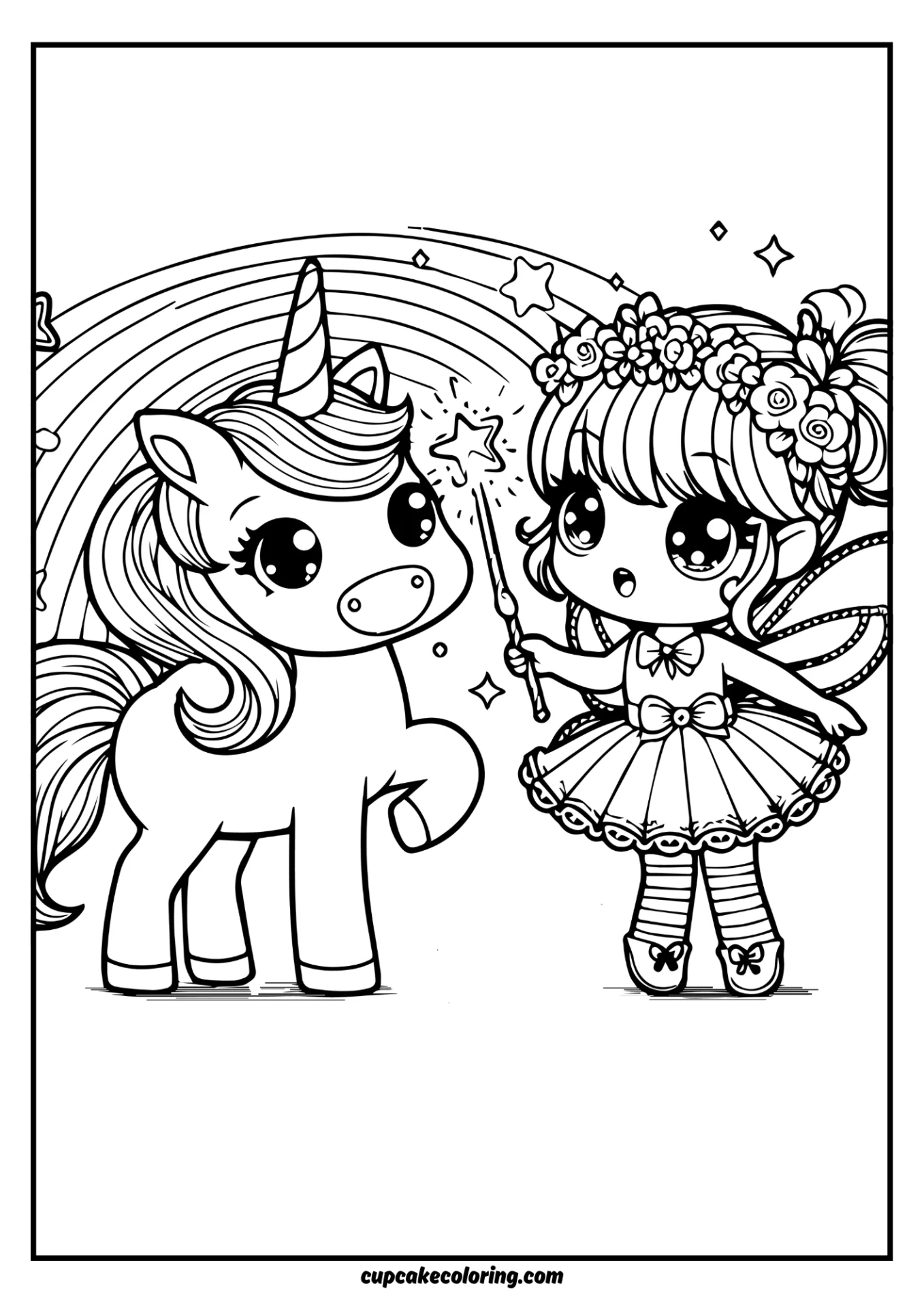 magical unicorn and fairy playing togheter coloring page free