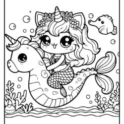 picture to color in unicorn mermaid cat under the see riding a marine unicorn