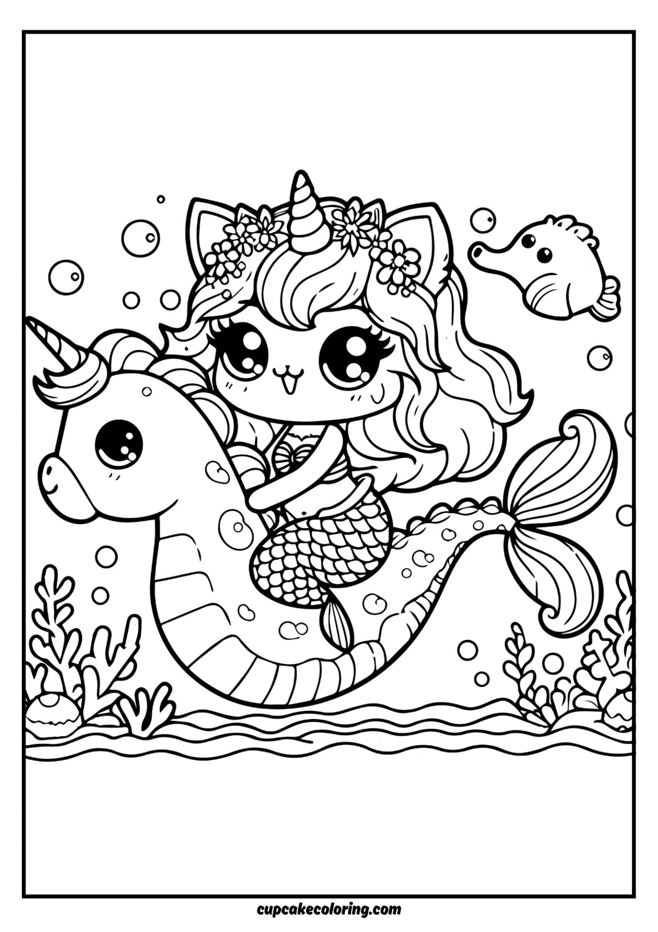 picture to color in unicorn mermaid cat under the see riding a marine unicorn