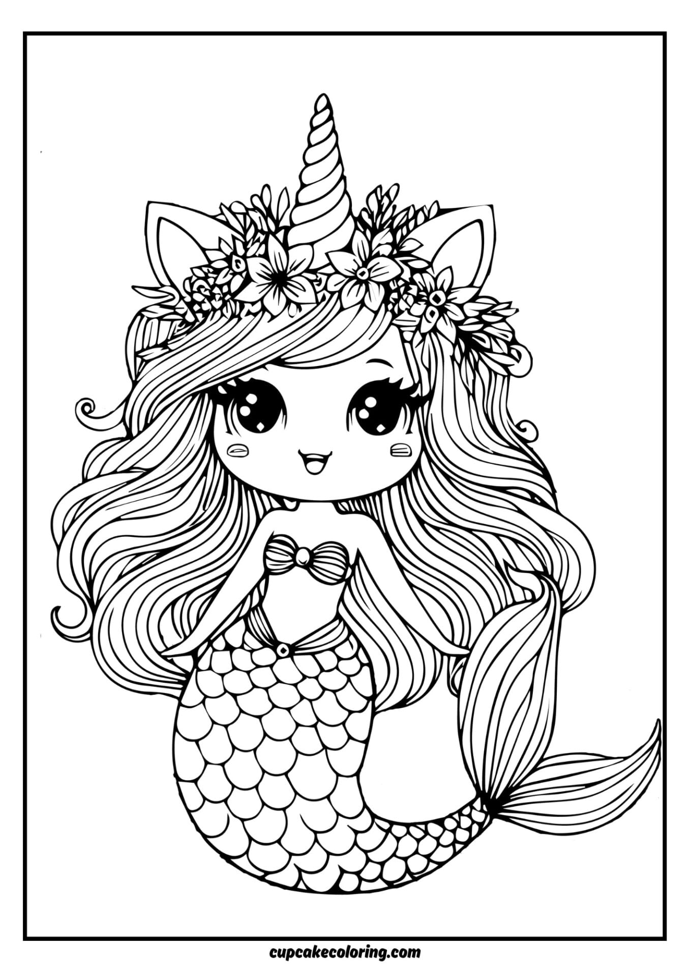 pictures to color of adorable mermaid with a unicorn horn and cat ears free printable