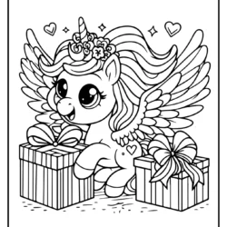 unicorn with wings coloring with gifts for hollydays