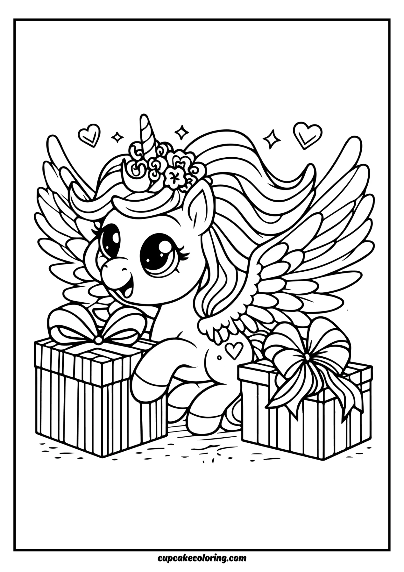 unicorn with wings coloring with gifts for hollydays