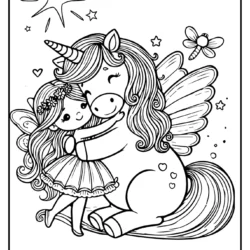 very simple coloring page of a big unicorn that hugging a cute fairy with wings