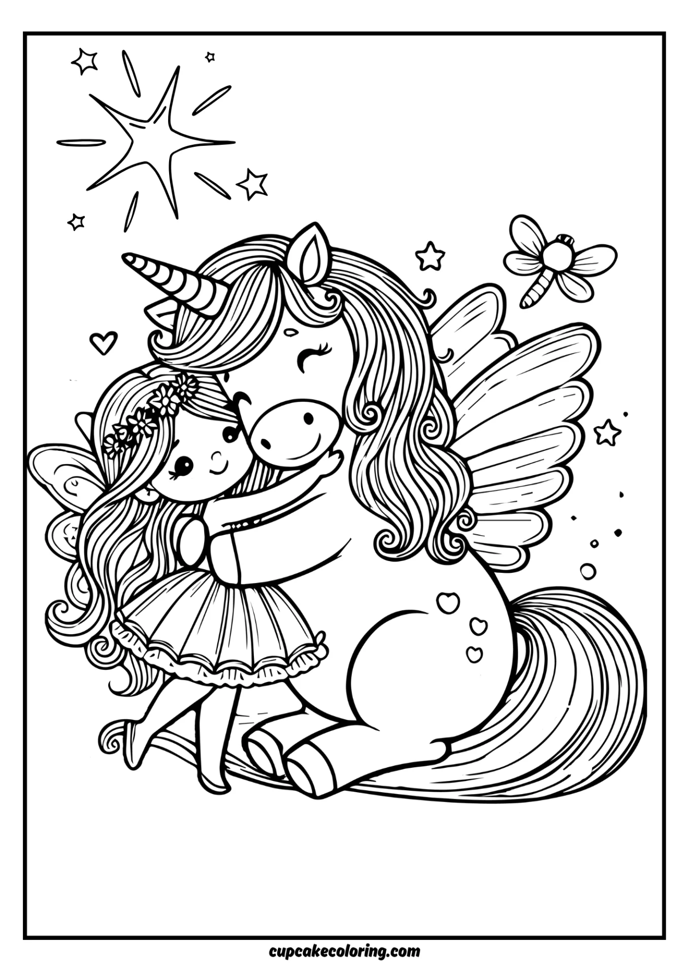 very simple coloring page of a big unicorn that hugging a cute fairy with wings
