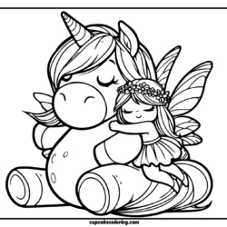 very simple coloring page of a big unicorn that hugging a cute fairy. It has big thick lines